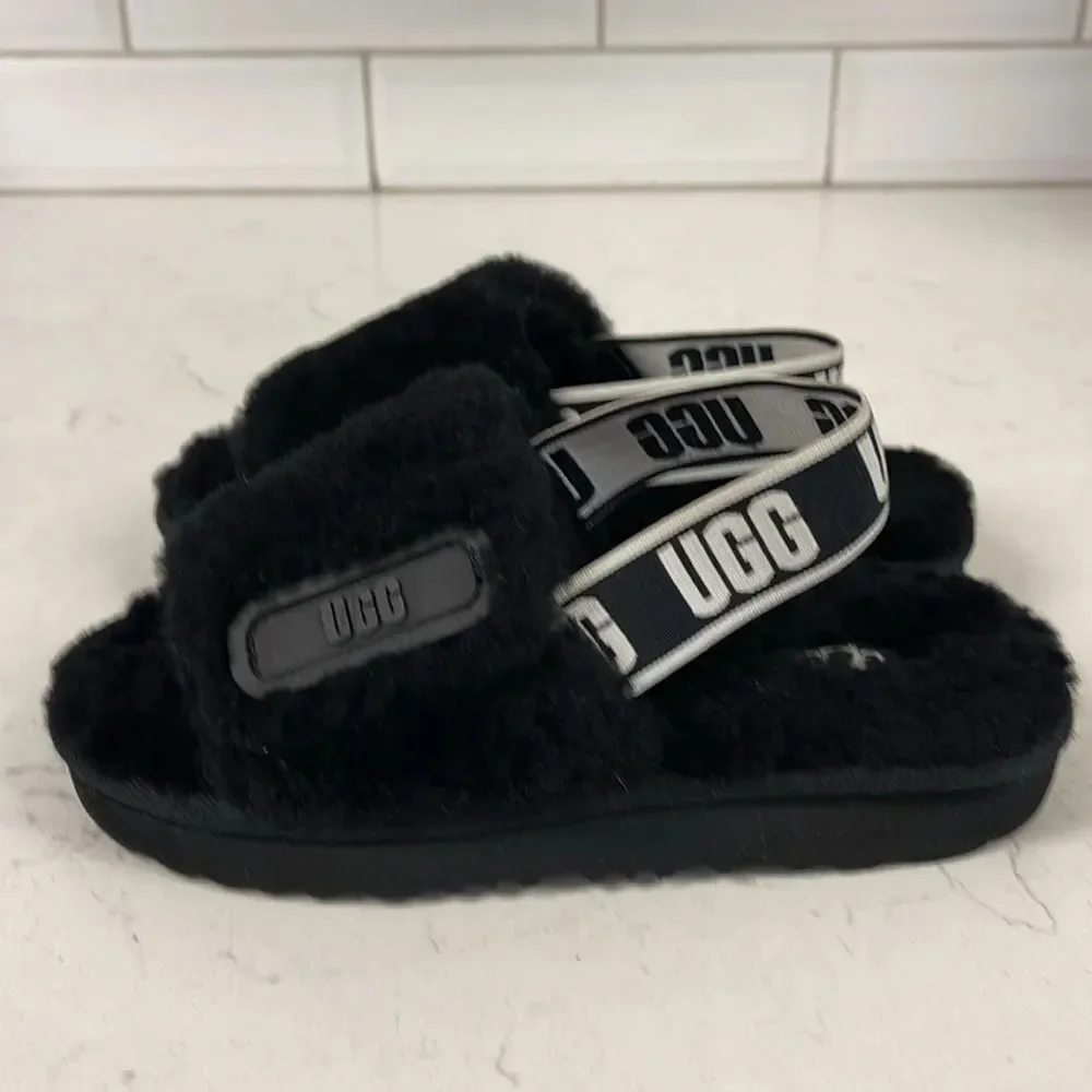 UGG Disco Slide Kids Black Fluffy Sandals - Slippers Size 13